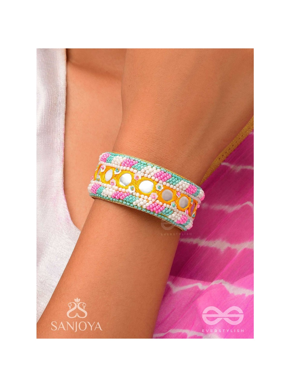 Madana- The Spring Poetry- Mirror, Resham And Beads Hand Embroidered Bangle