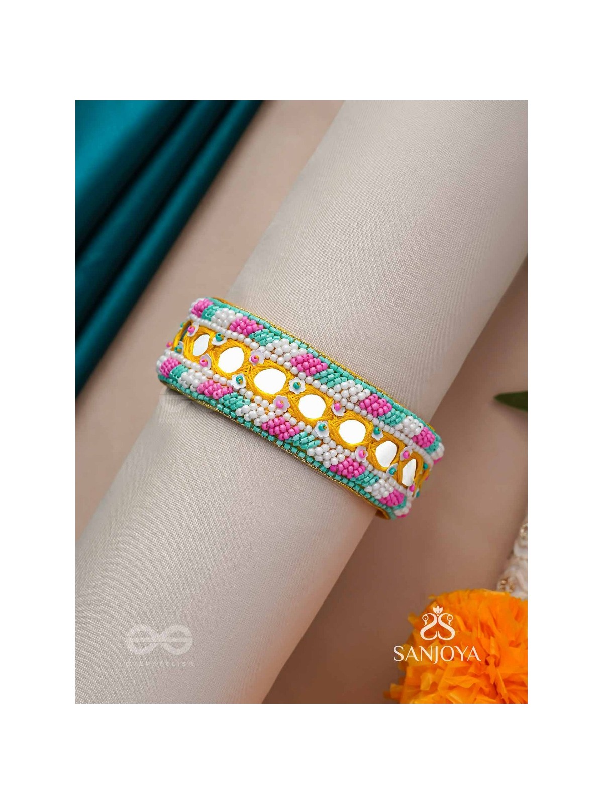 Madana- The Spring Poetry- Mirror, Resham And Beads Hand Embroidered Bangle