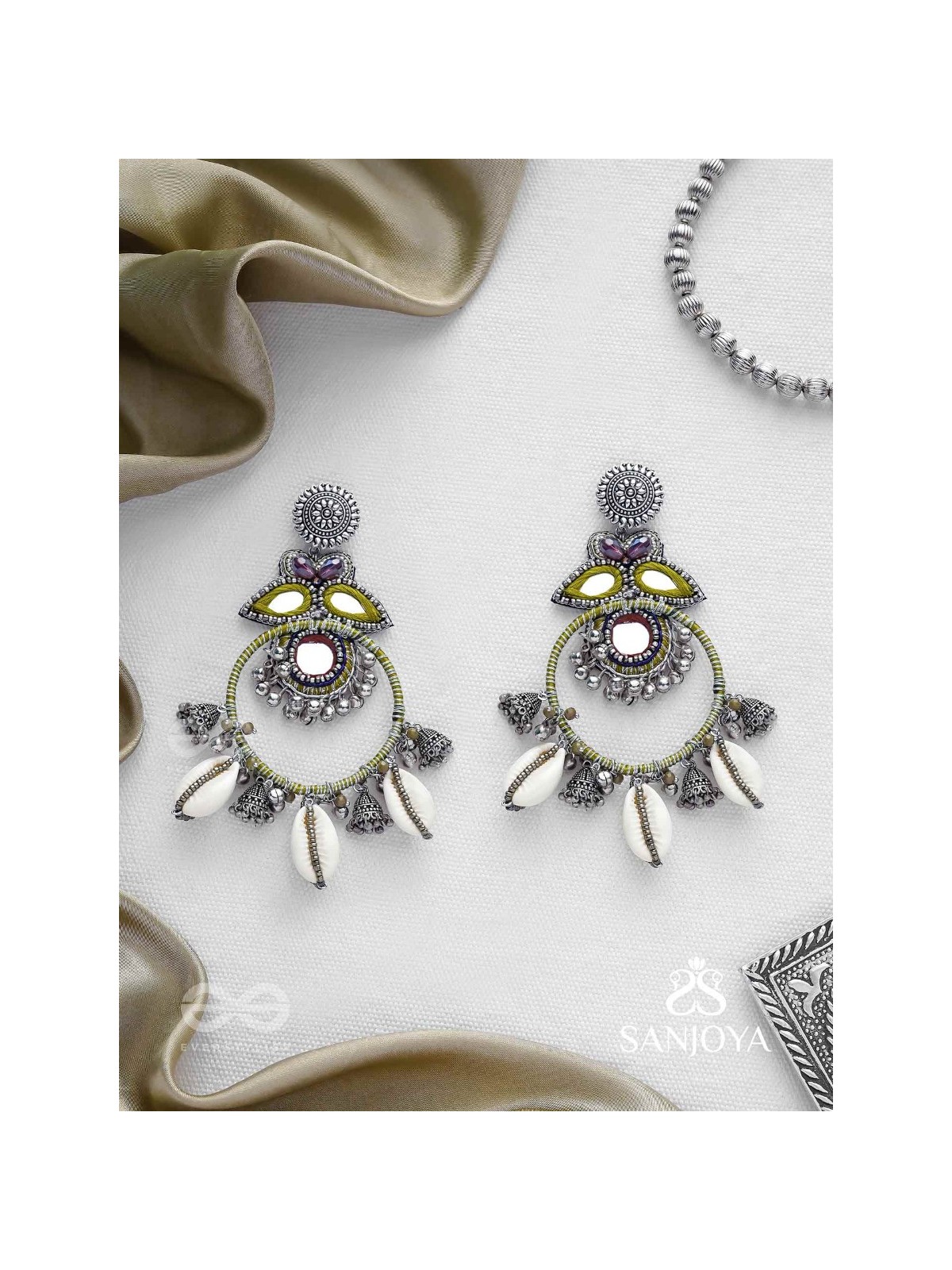 Dyuvani- The Coastal Grove- Mirror, Resham And Shells Hand Embroidered Earrings