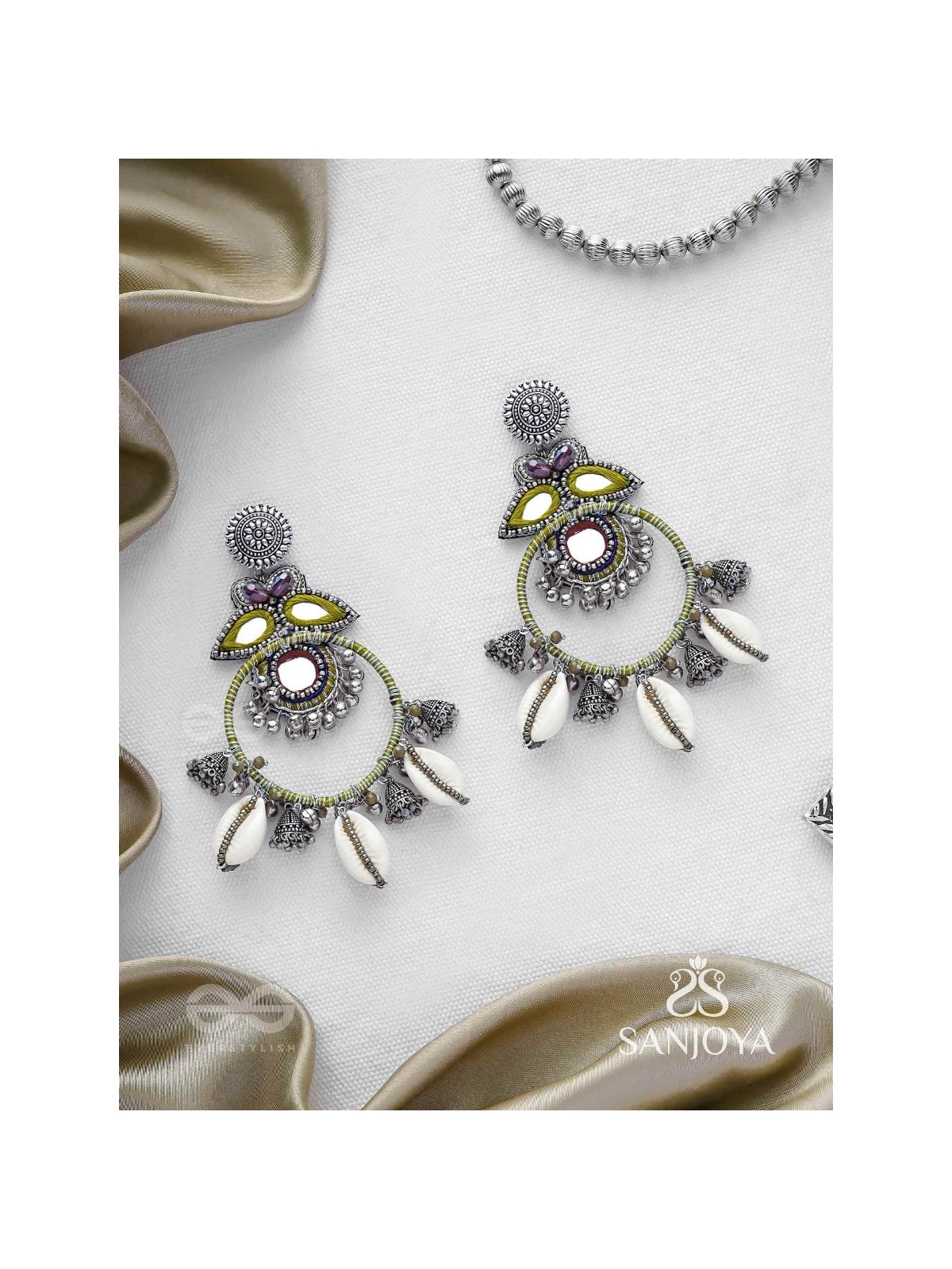 Dyuvani- The Coastal Grove- Mirror, Resham And Shells Hand Embroidered Earrings