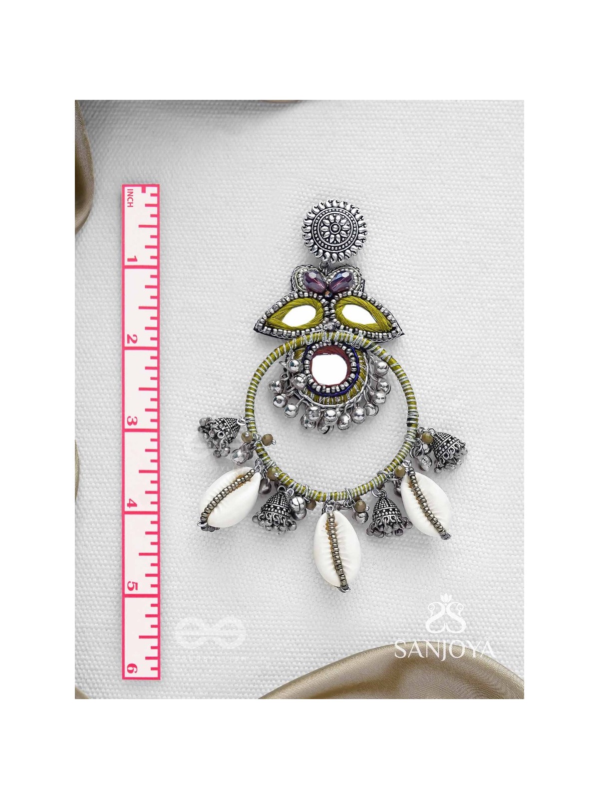 Dyuvani- The Coastal Grove- Mirror, Resham And Shells Hand Embroidered Earrings