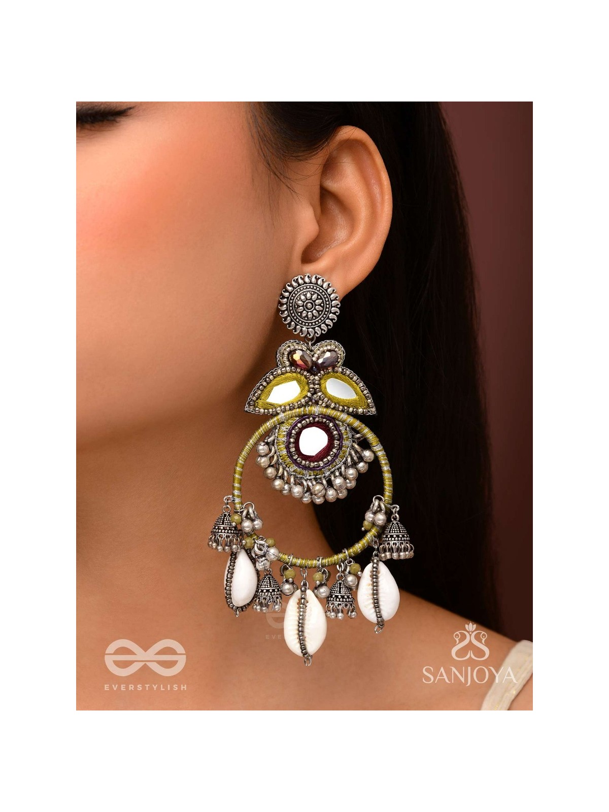 Dyuvani- The Coastal Grove- Mirror, Resham And Shells Hand Embroidered Earrings