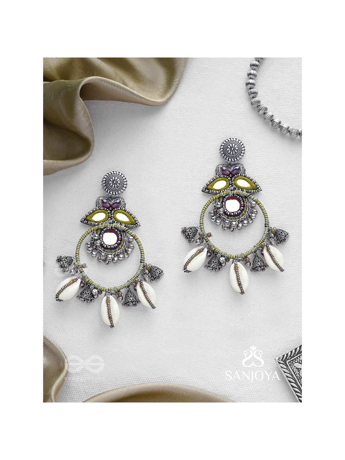 Dyuvani- The Coastal Grove- Mirror, Resham And Shells Hand Embroidered Earrings