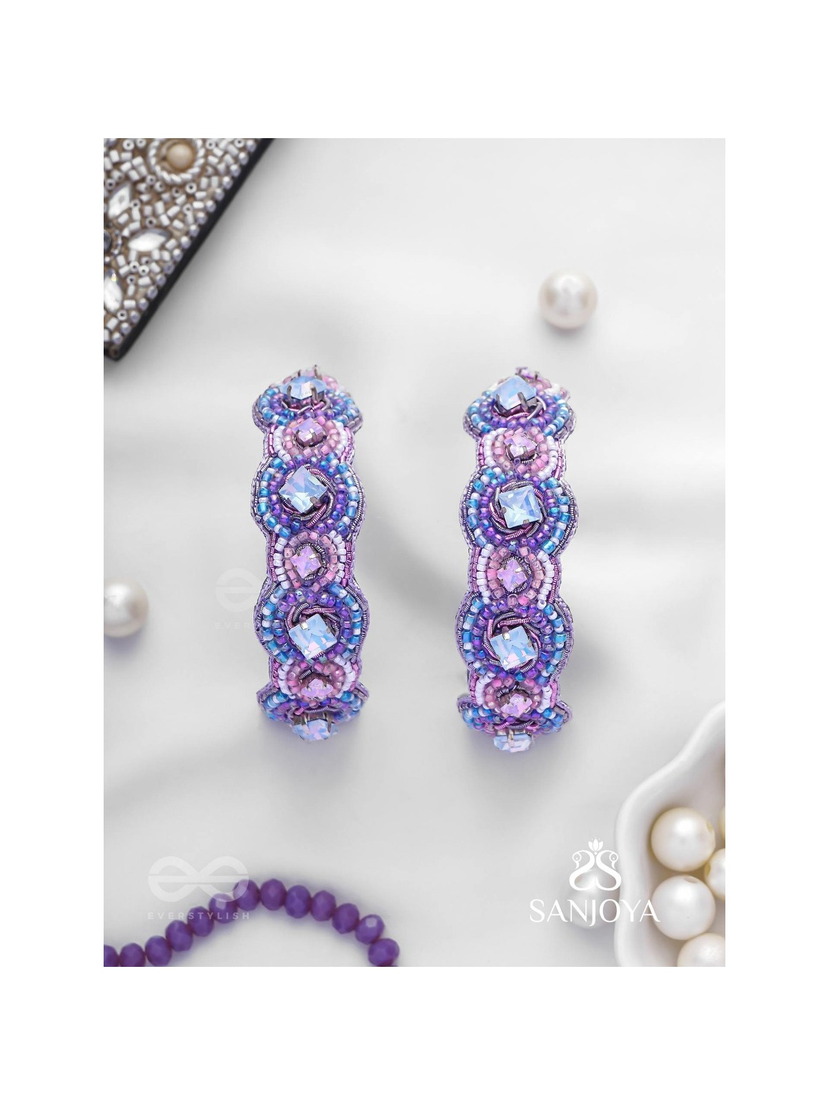 Niliman- The Blueming Lavender- Stones And Beads Hand Embroidered Earrings