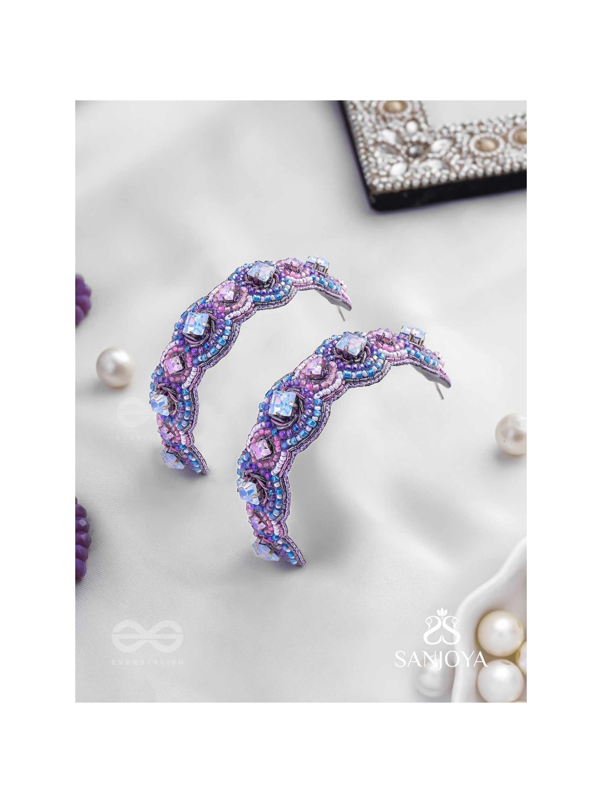 Niliman- The Blueming Lavender- Stones And Beads Hand Embroidered Earrings