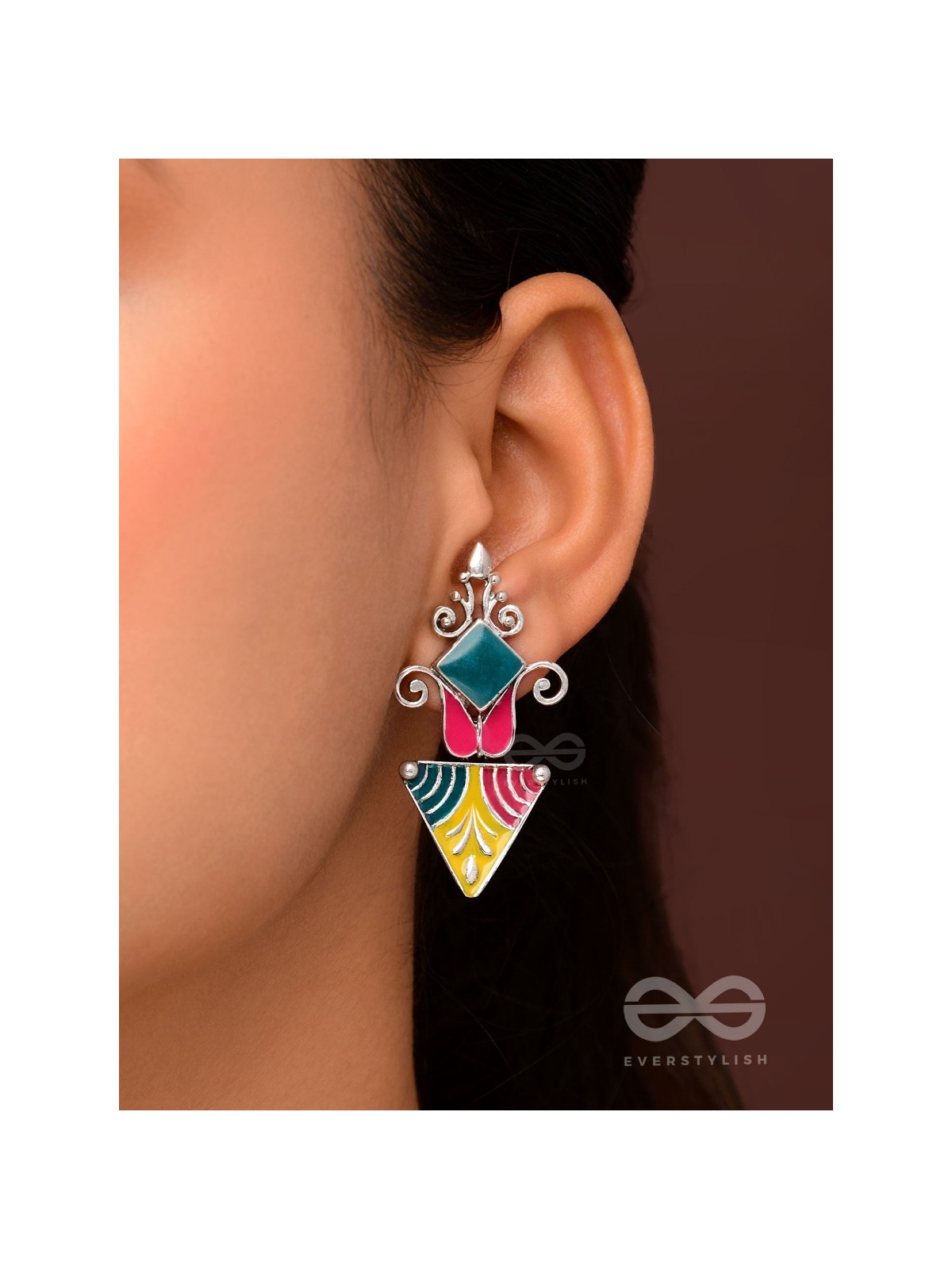 The Adorned Prisms- Enamelled Oxidised Ear Jackets (Red, Yellow And Green)