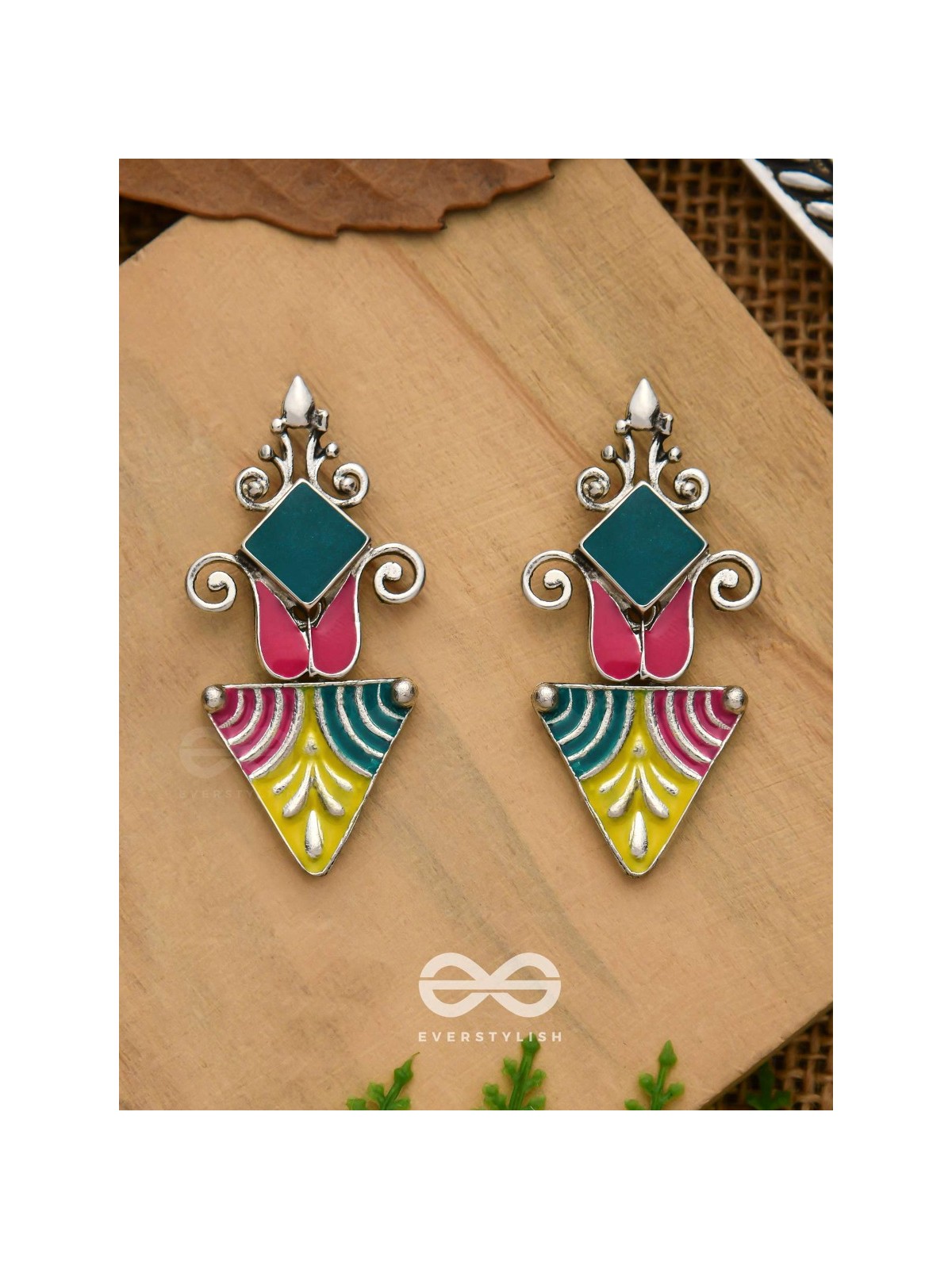 The Adorned Prisms- Enamelled Oxidised Ear Jackets (Red, Yellow And Green)