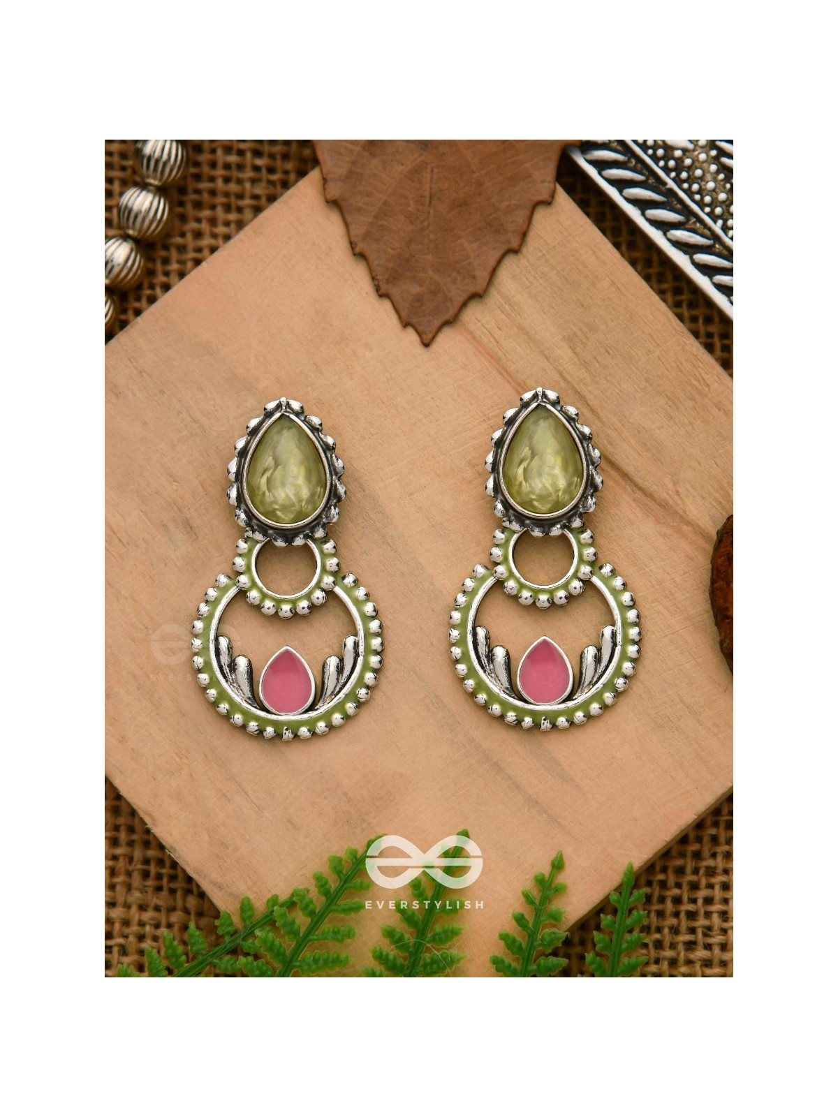 The Lily Woods- Stone Enamelled Oxidised Ear Jackets