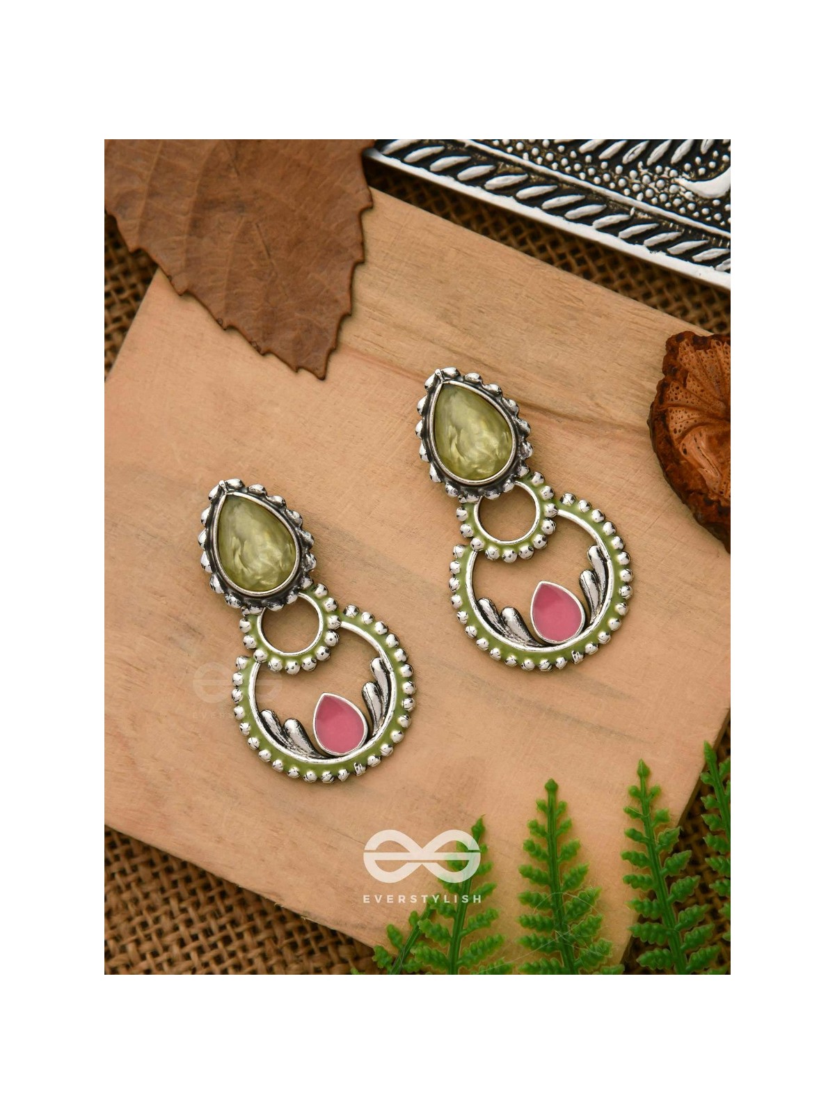 The Lily Woods- Stone Enamelled Oxidised Ear Jackets