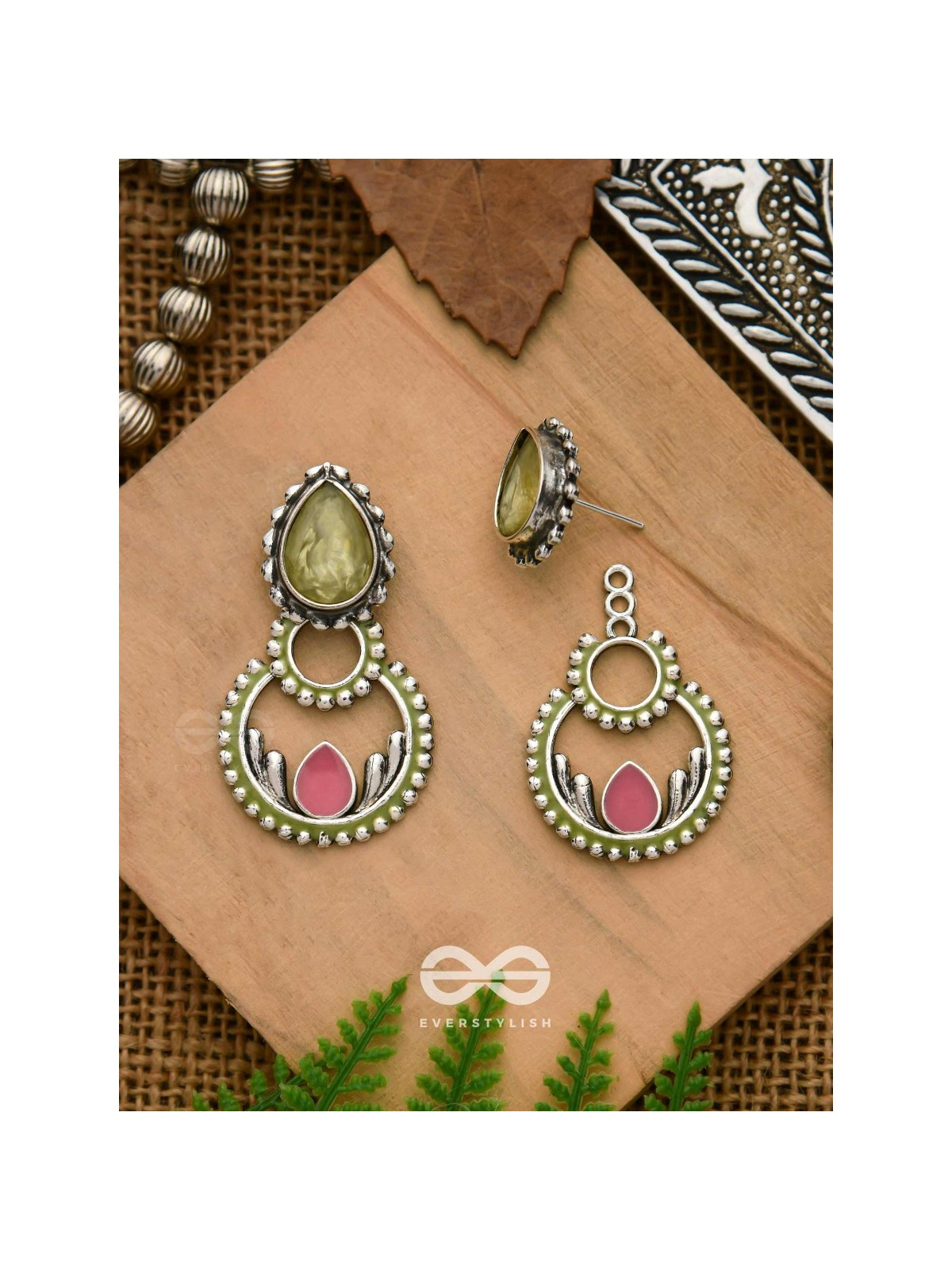 The Lily Woods- Stone Enamelled Oxidised Ear Jackets