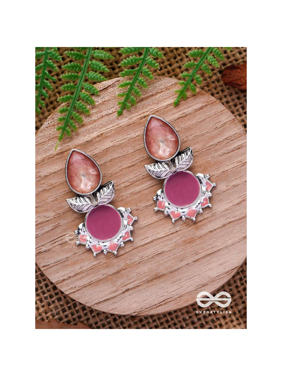 The Leafy Glow- Stone Enamelled Oxidised Ear Jackets