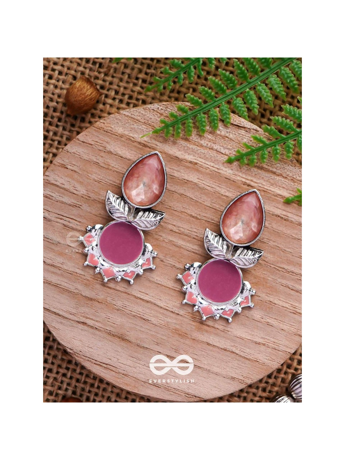 The Leafy Glow- Stone Enamelled Oxidised Ear Jackets