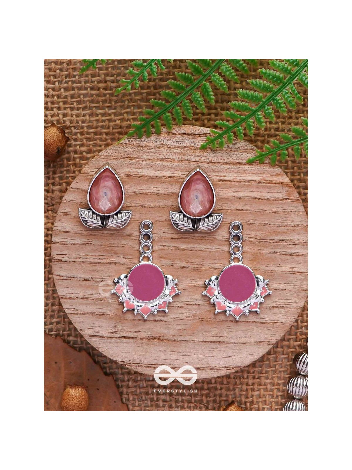 The Leafy Glow- Stone Enamelled Oxidised Ear Jackets