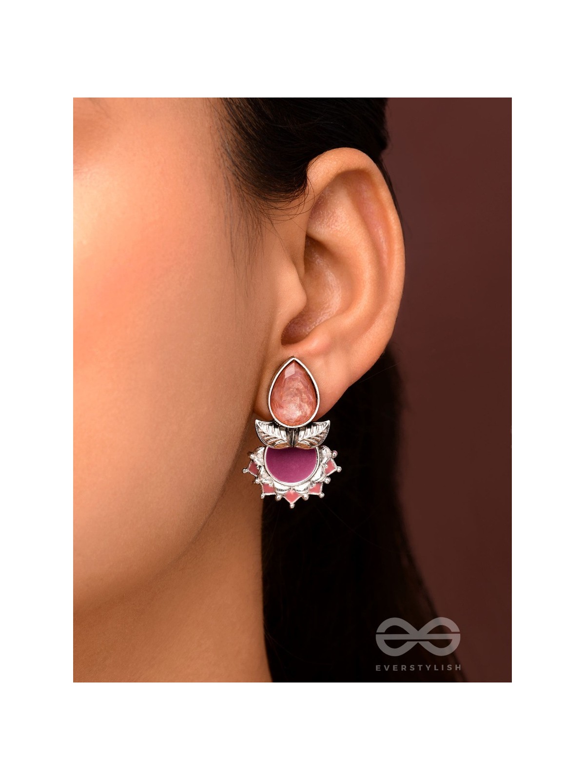 The Leafy Glow- Stone Enamelled Oxidised Ear Jackets