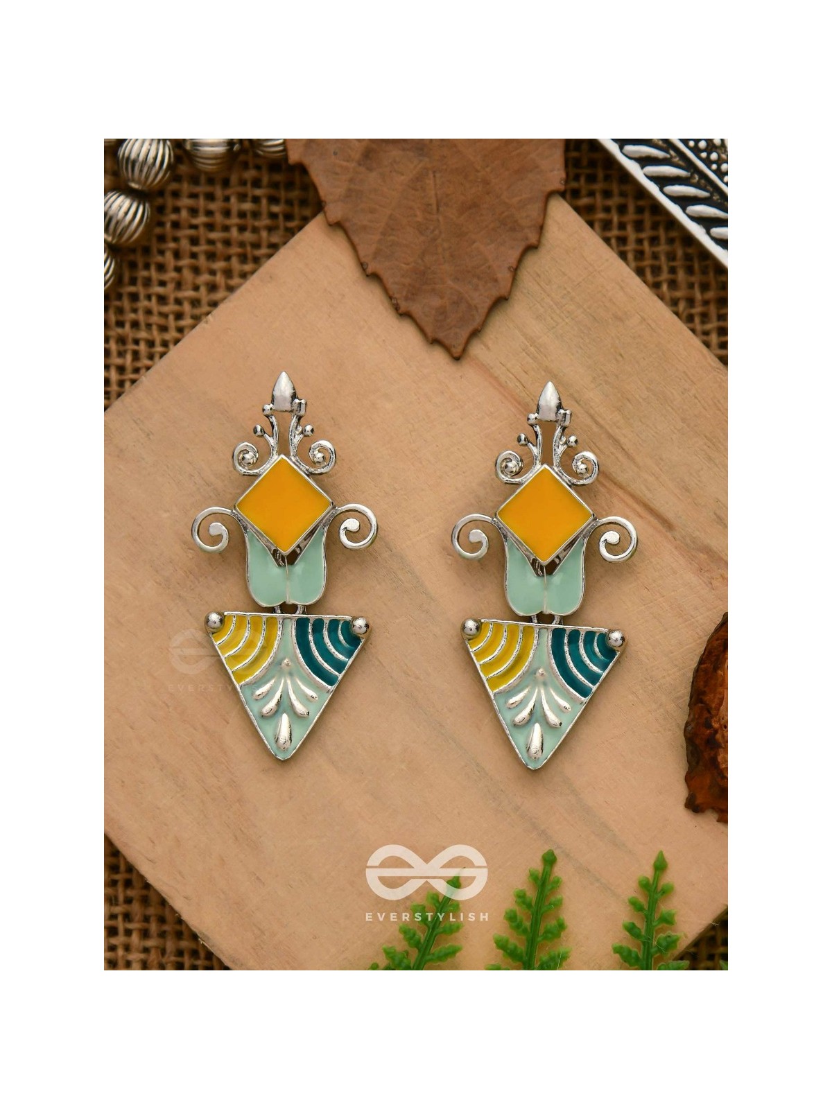 The Adorned Prisms- Enamelled Oxidised Ear Jackets (Yellow, Blue And Green)