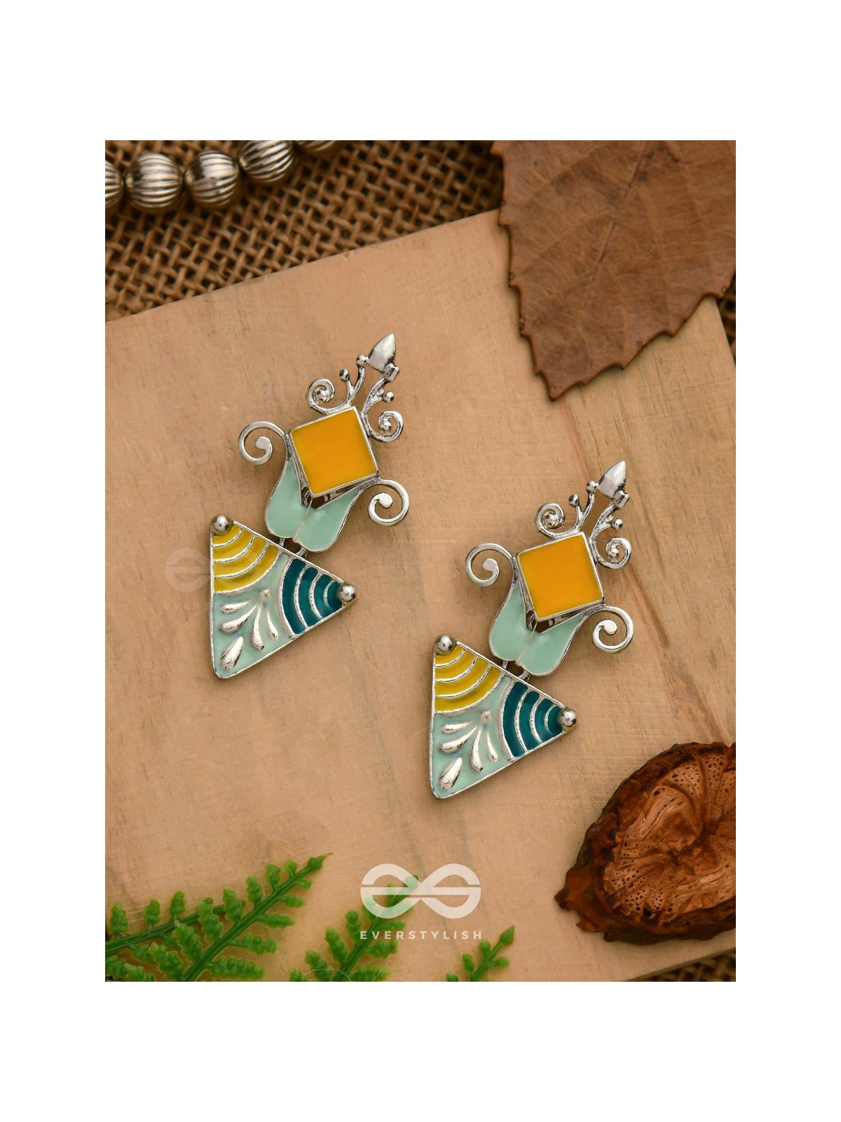 The Adorned Prisms- Enamelled Oxidised Ear Jackets (Yellow, Blue And Green)