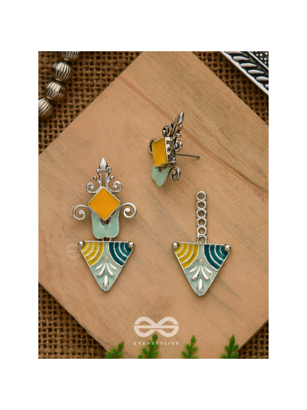 The Adorned Prisms- Enamelled Oxidised Ear Jackets (Yellow, Blue And Green)