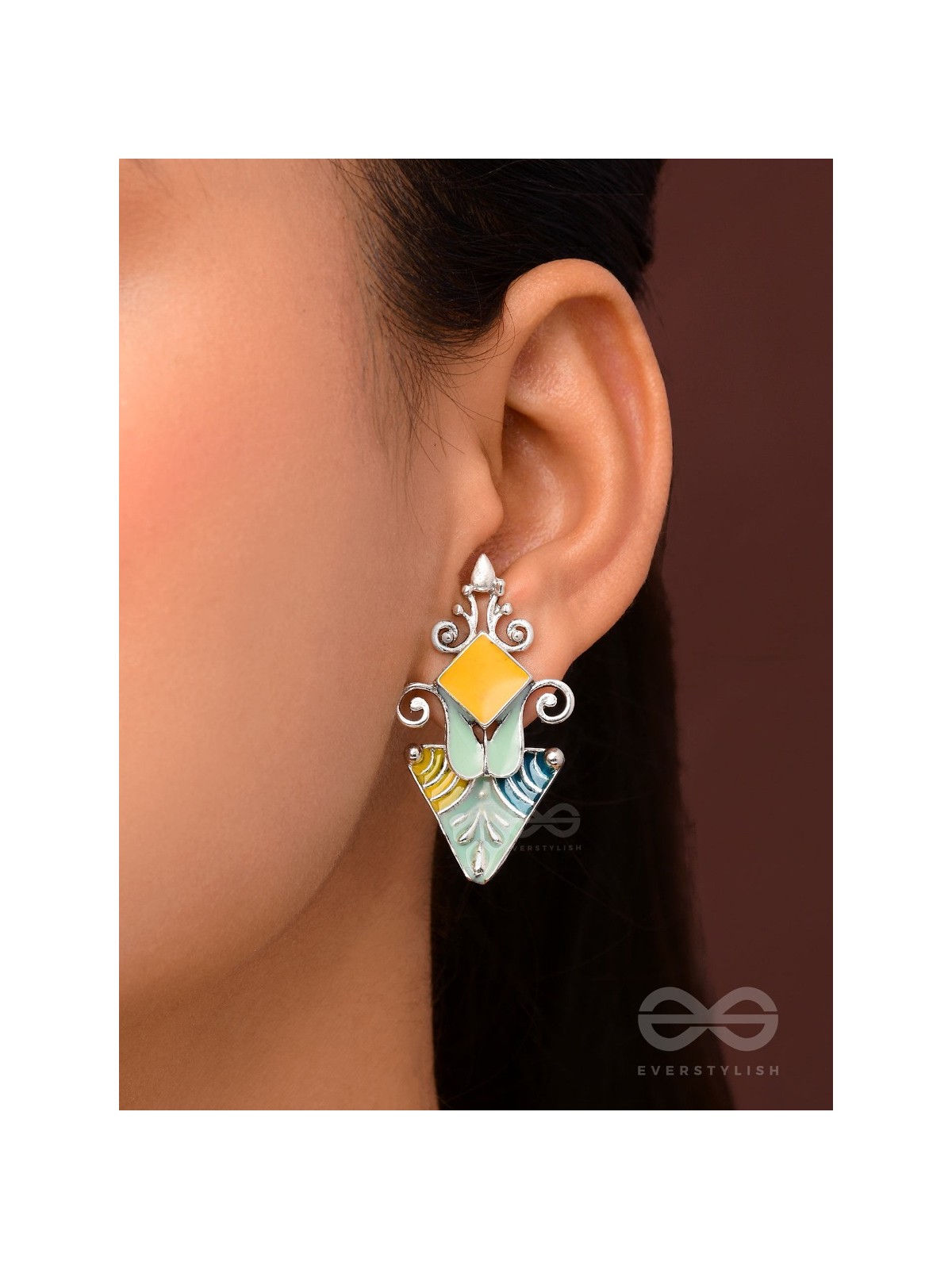 The Adorned Prisms- Enamelled Oxidised Ear Jackets (Yellow, Blue And Green)