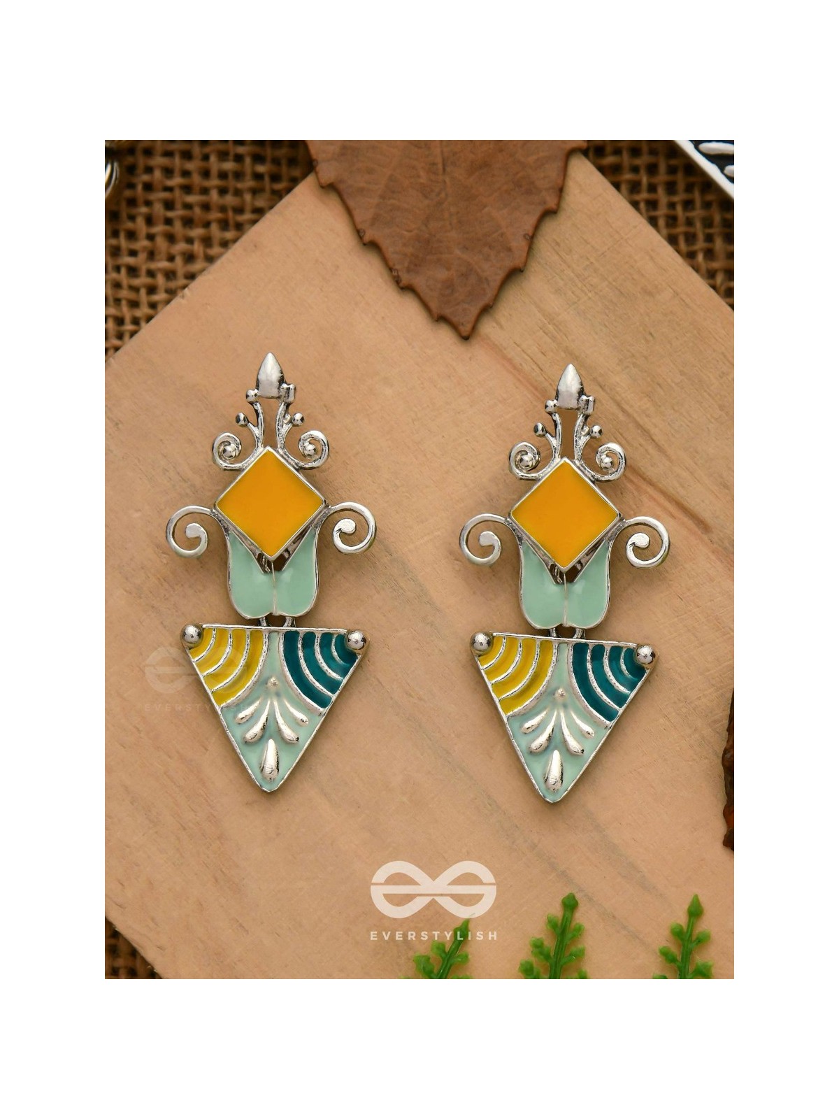 The Adorned Prisms- Enamelled Oxidised Ear Jackets (Yellow, Blue And Green)