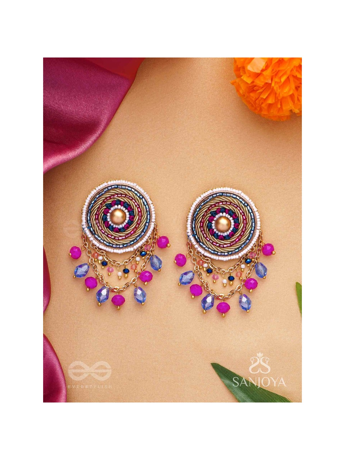 Adrija- The Fresh Soul- Dabka, Cutdana And Glass Drops Hand Embroidered Earrings