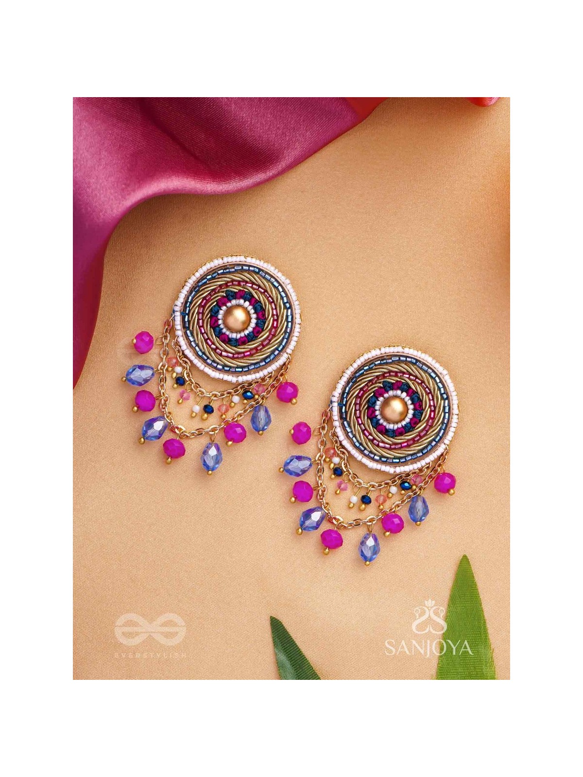 Adrija- The Fresh Soul- Dabka, Cutdana And Glass Drops Hand Embroidered Earrings