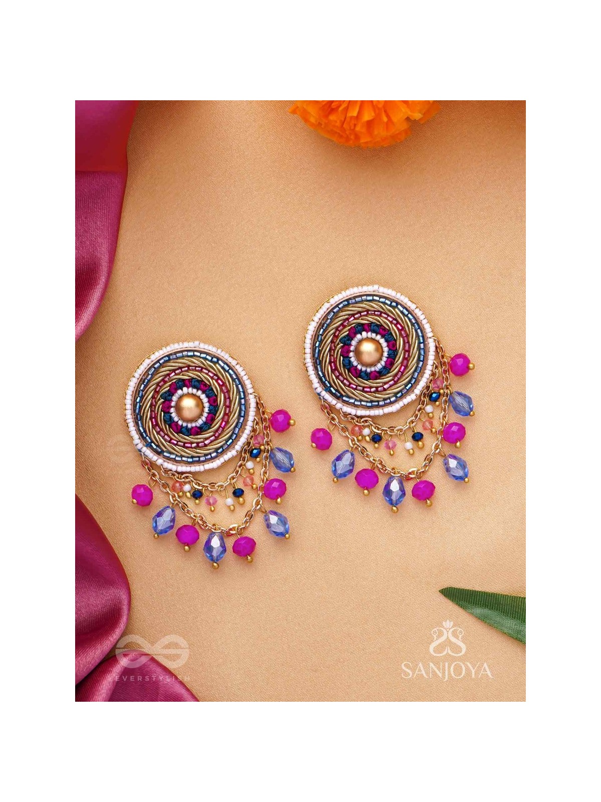 Adrija- The Fresh Soul- Dabka, Cutdana And Glass Drops Hand Embroidered Earrings