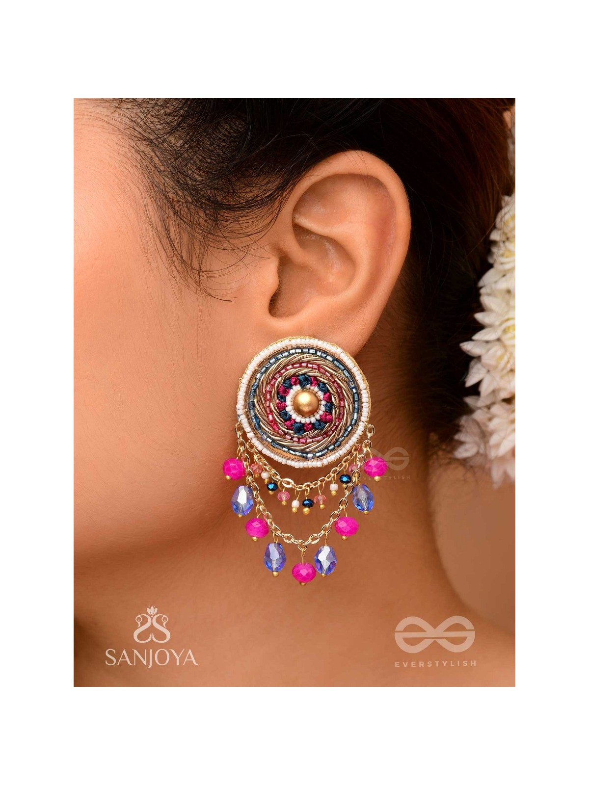 Adrija- The Fresh Soul- Dabka, Cutdana And Glass Drops Hand Embroidered Earrings