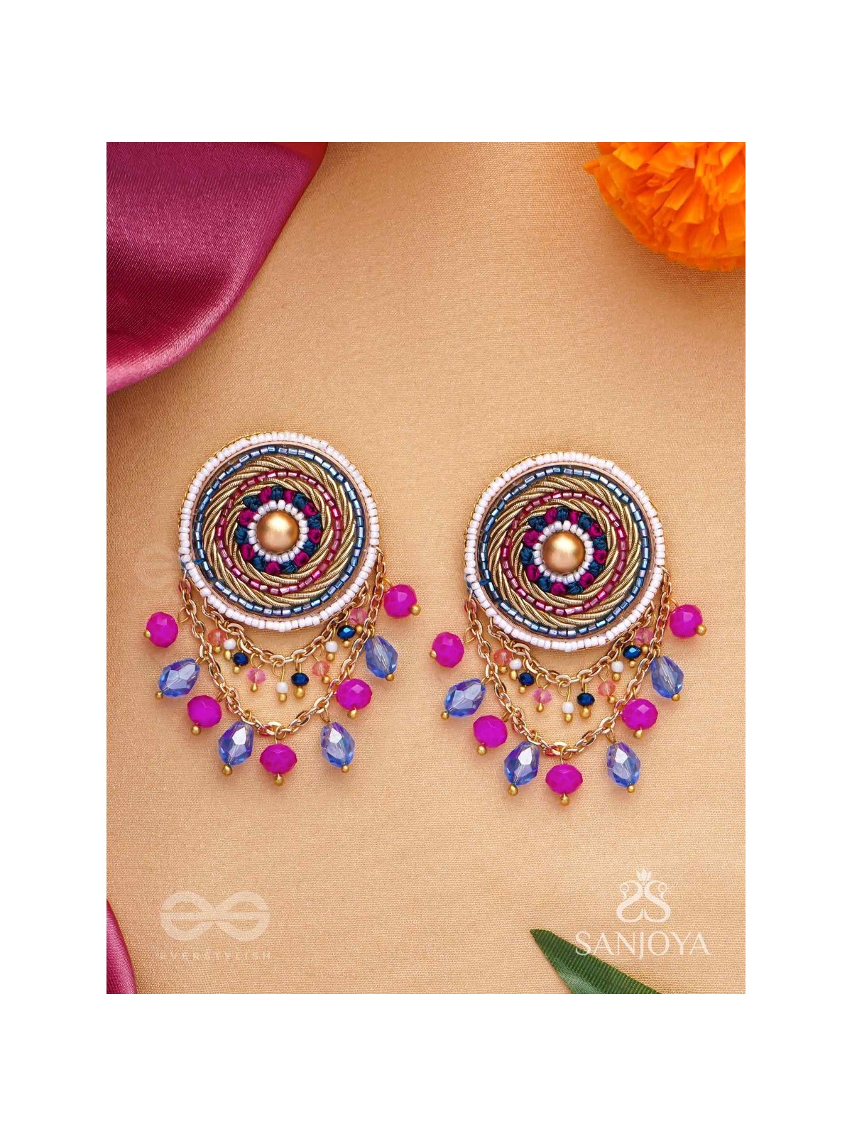 Adrija- The Fresh Soul- Dabka, Cutdana And Glass Drops Hand Embroidered Earrings