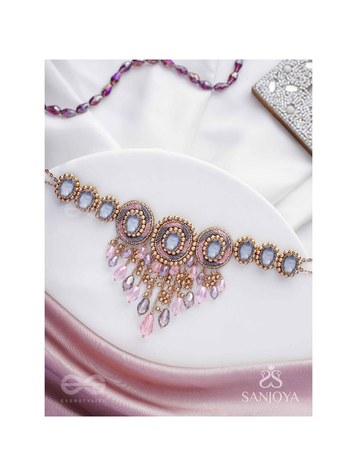 Bijaksara- The Secret Spell- Stones, Beads And Glass Drops Hand Embroidered Choker Neckpiece