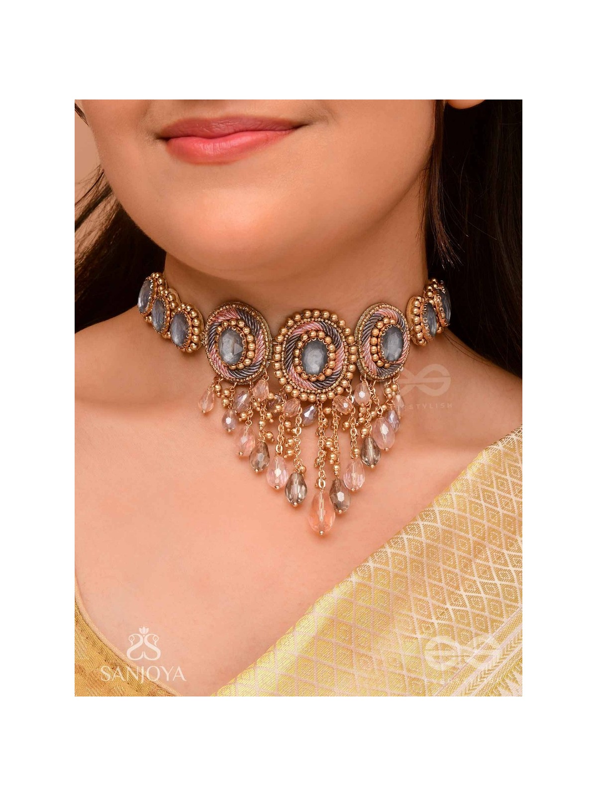 Bijaksara- The Secret Spell- Stones, Beads And Glass Drops Hand Embroidered Choker Neckpiece