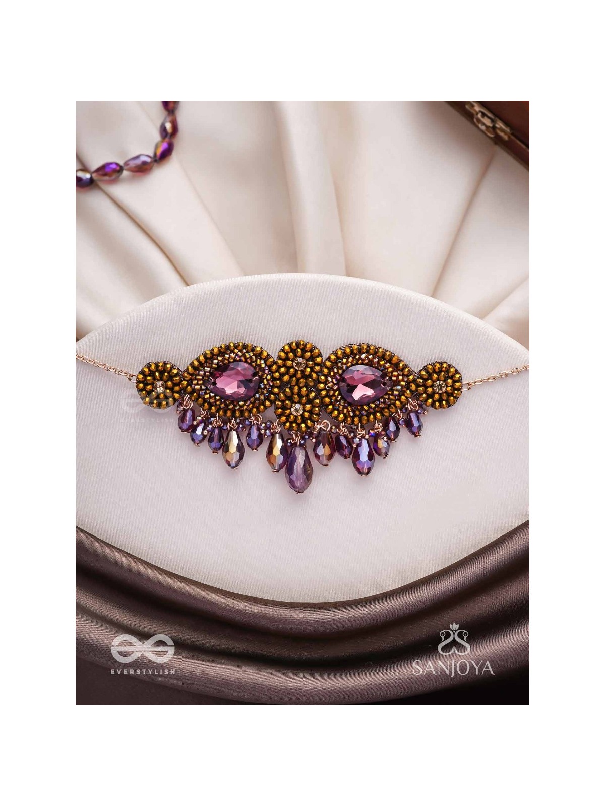 Aujasika- The Rusty Vigor- Stones, Beads And Glass Drops Hand Embroidered Choker Neckpiece