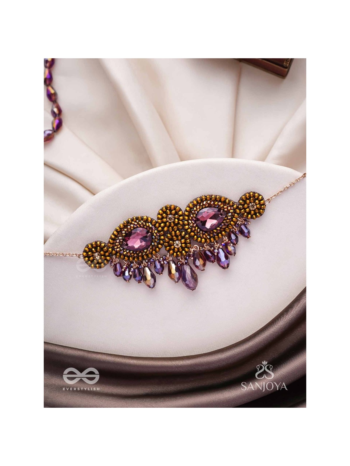 Aujasika- The Rusty Vigor- Stones, Beads And Glass Drops Hand Embroidered Choker Neckpiece