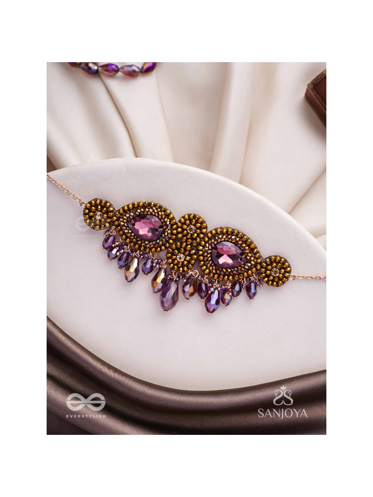 Aujasika- The Rusty Vigor- Stones, Beads And Glass Drops Hand Embroidered Choker Neckpiece