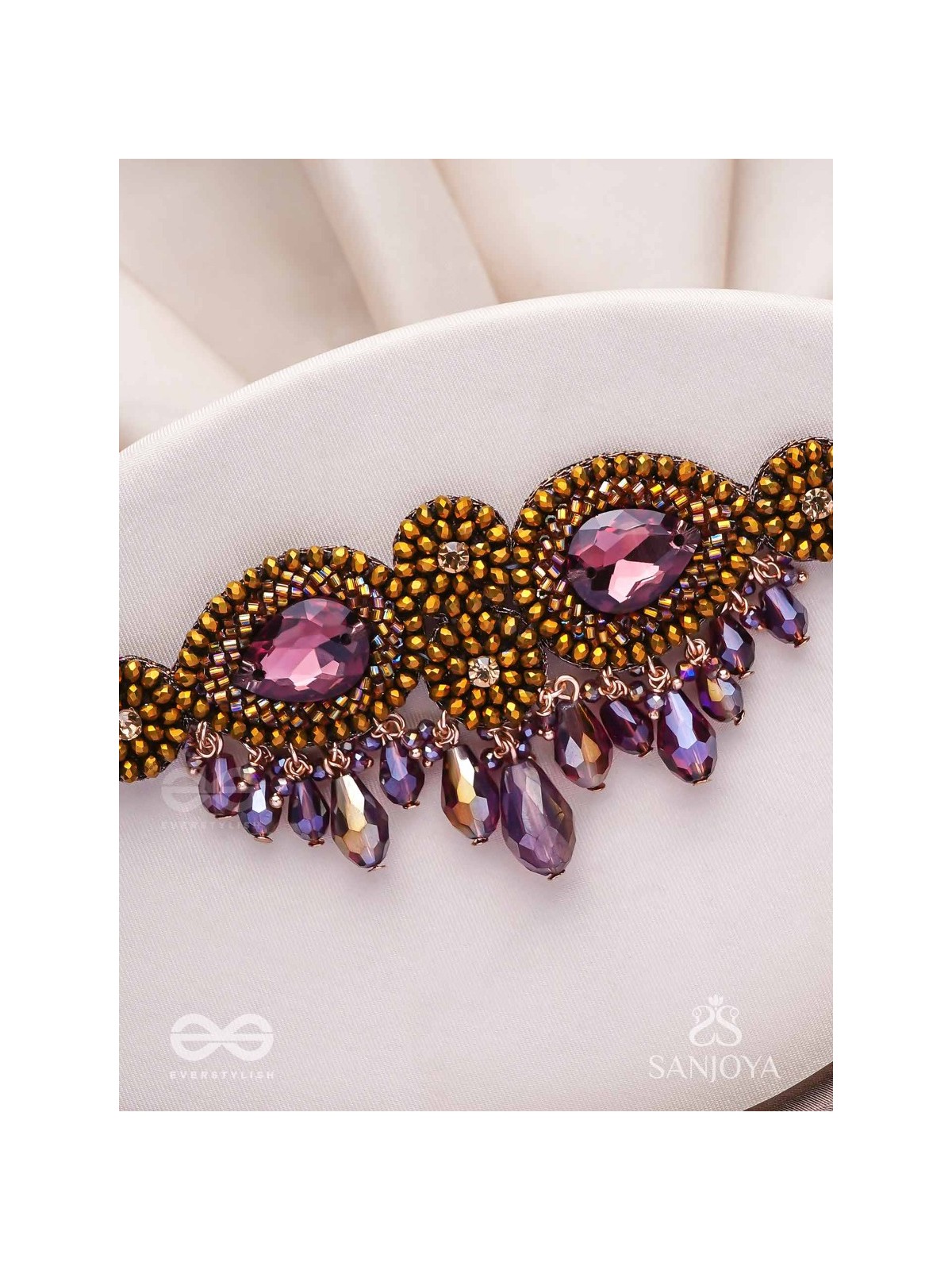 Aujasika- The Rusty Vigor- Stones, Beads And Glass Drops Hand Embroidered Choker Neckpiece