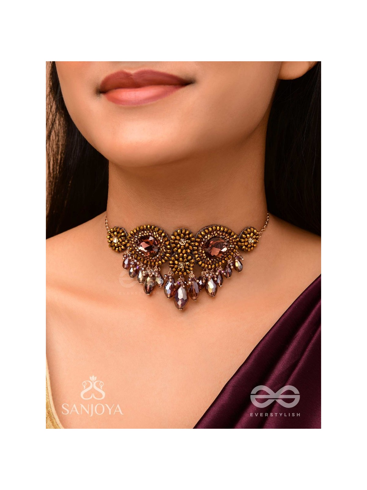 Aujasika- The Rusty Vigor- Stones, Beads And Glass Drops Hand Embroidered Choker Neckpiece