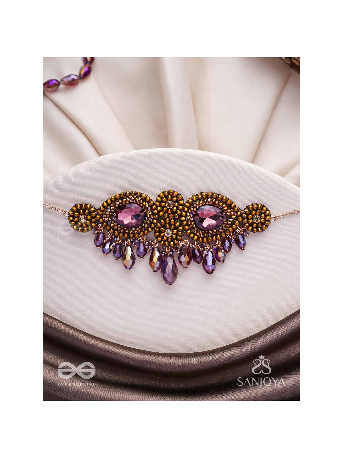 Aujasika- The Rusty Vigor- Stones, Beads And Glass Drops Hand Embroidered Choker Neckpiece