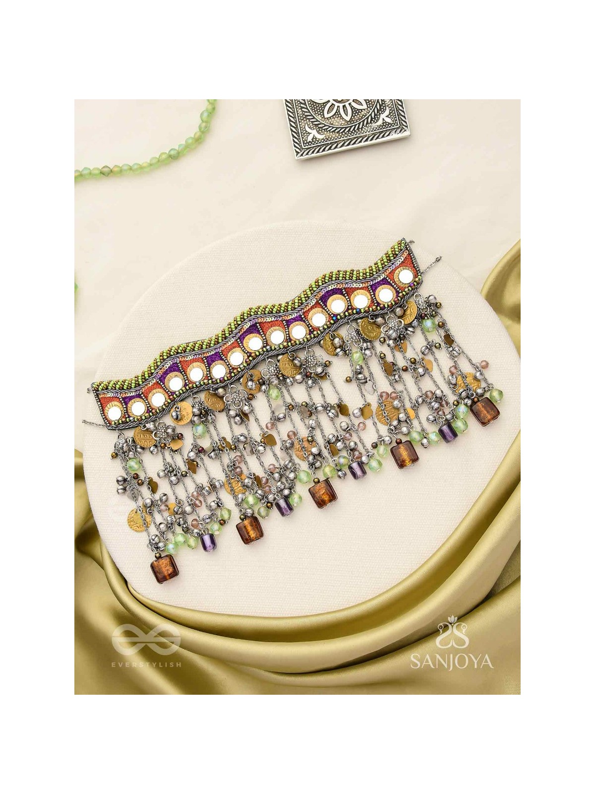 Dhaanshri- The Entrancing Music- Mirror, Beads And Coins Hand Embroidered Oxidised Choker Neckpiece