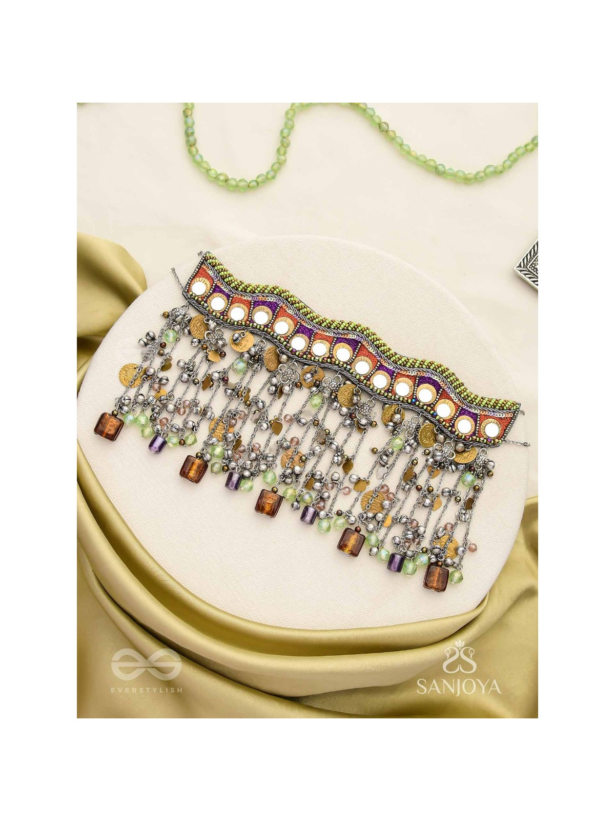 Dhaanshri- The Entrancing Music- Mirror, Beads And Coins Hand Embroidered Oxidised Choker Neckpiece