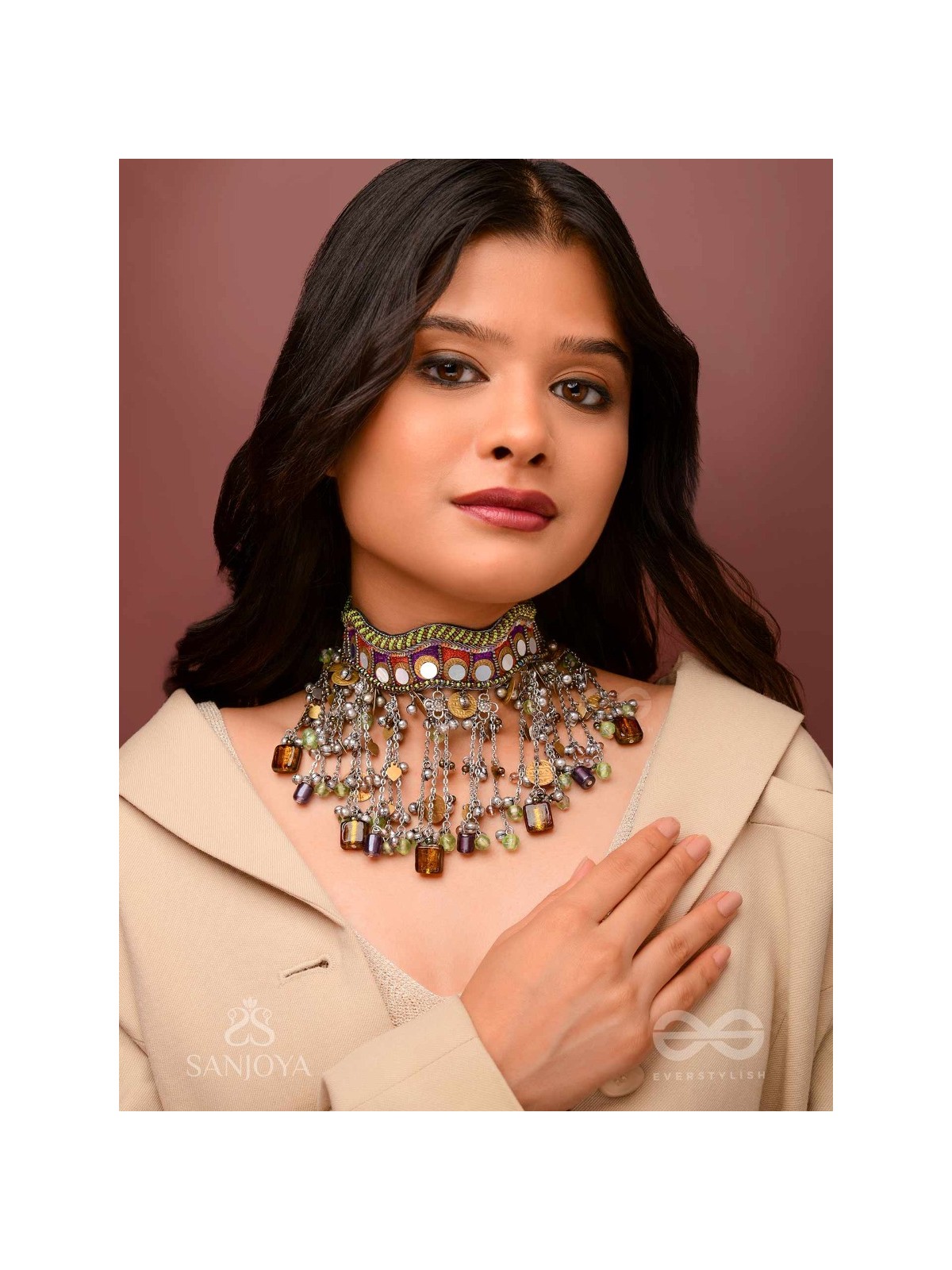 Dhaanshri- The Entrancing Music- Mirror, Beads And Coins Hand Embroidered Oxidised Choker Neckpiece