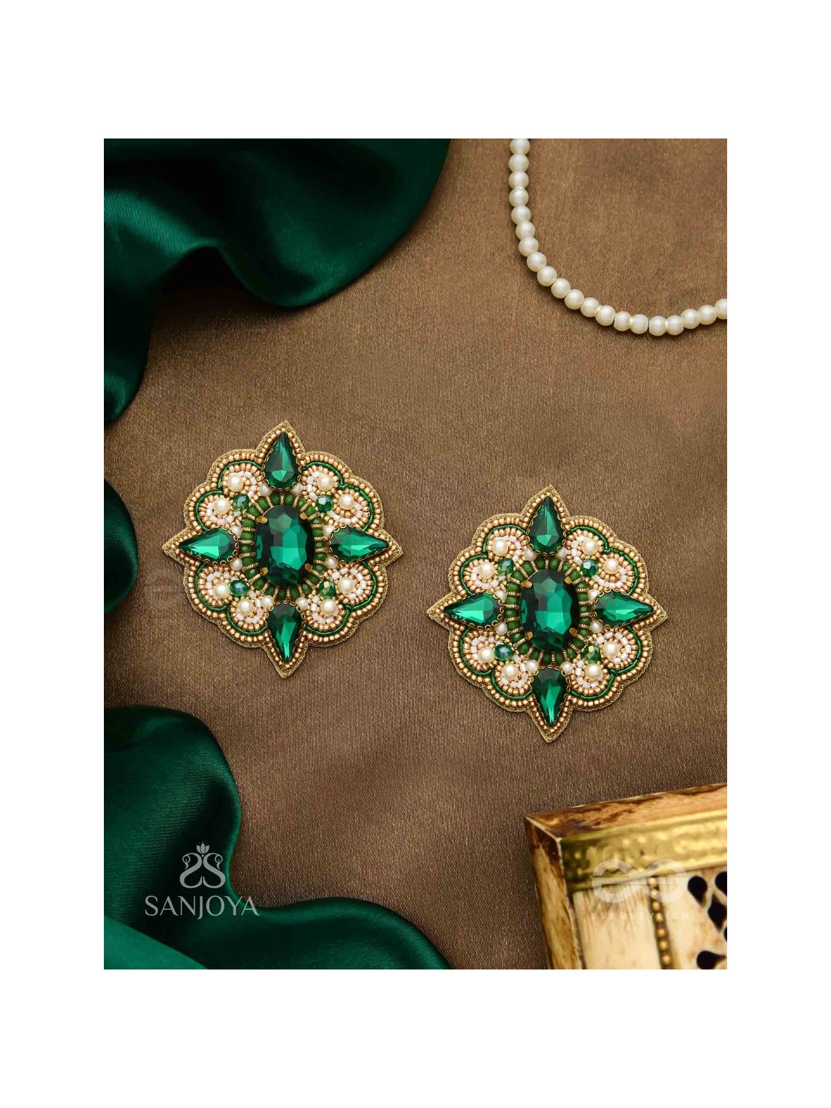 Indranilak- The Emerald Fascination- Stones And Beads Hand Embroidered Earrings