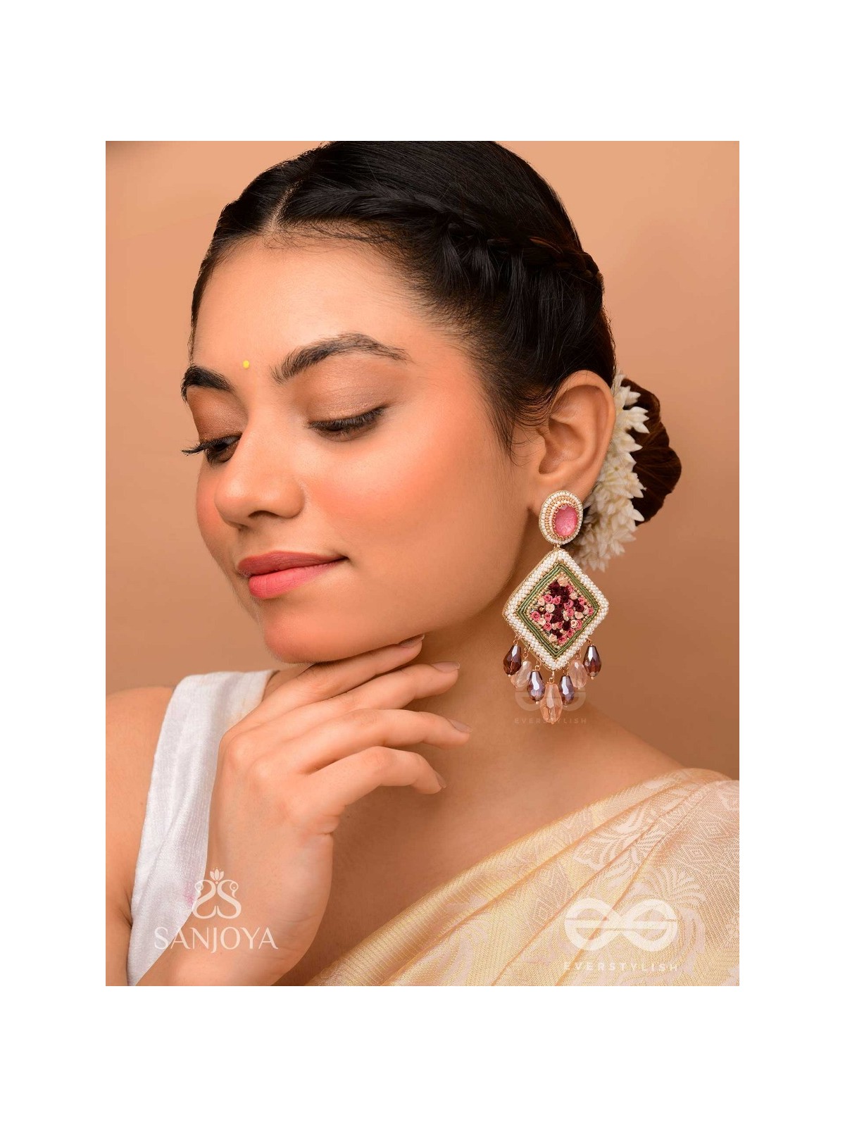 Saukumaryam- The Rouge Delicacy- Resham, Beads And Glass Drops Hand Embroidered Earrings