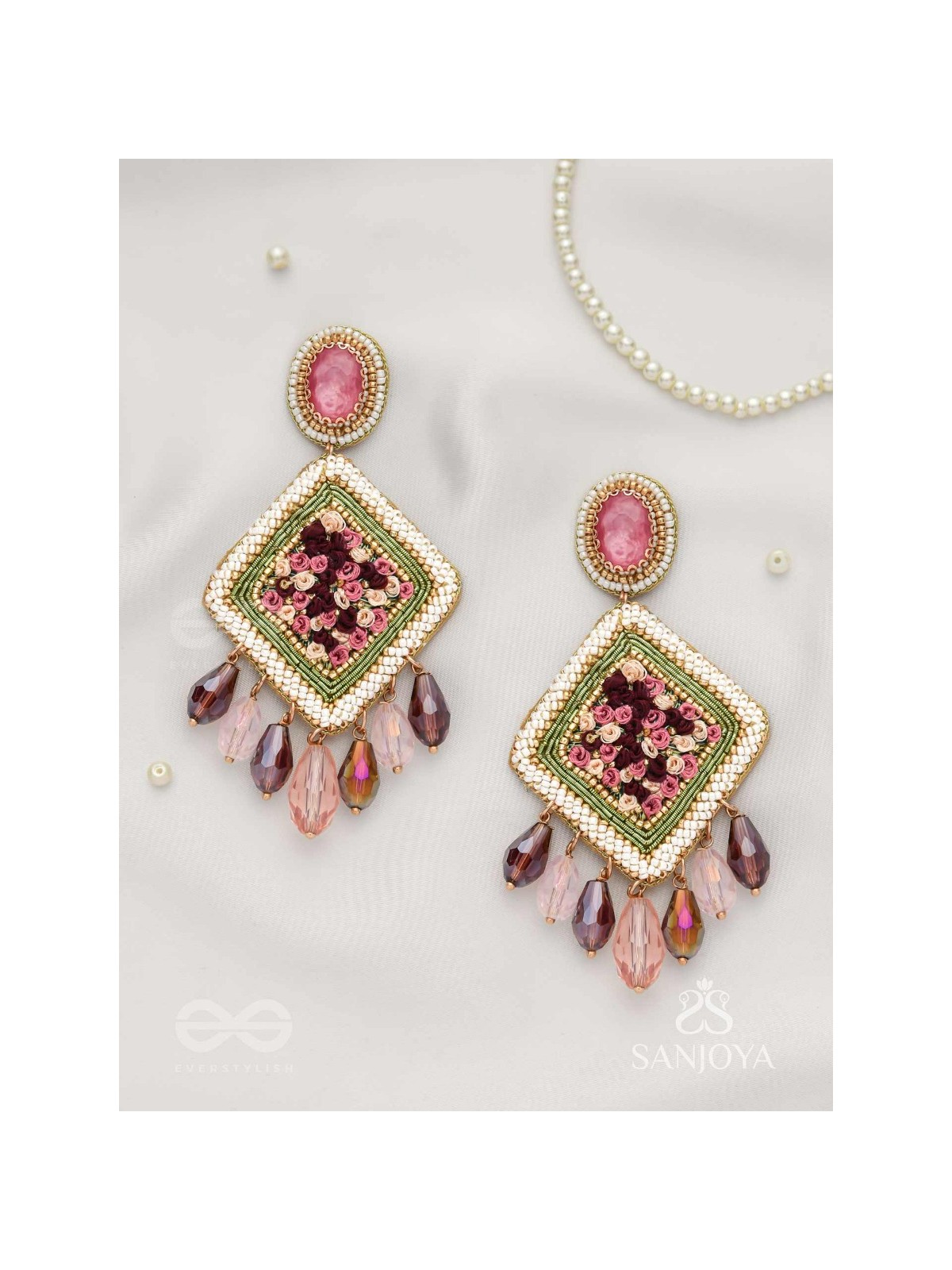Saukumaryam- The Rouge Delicacy- Resham, Beads And Glass Drops Hand Embroidered Earrings