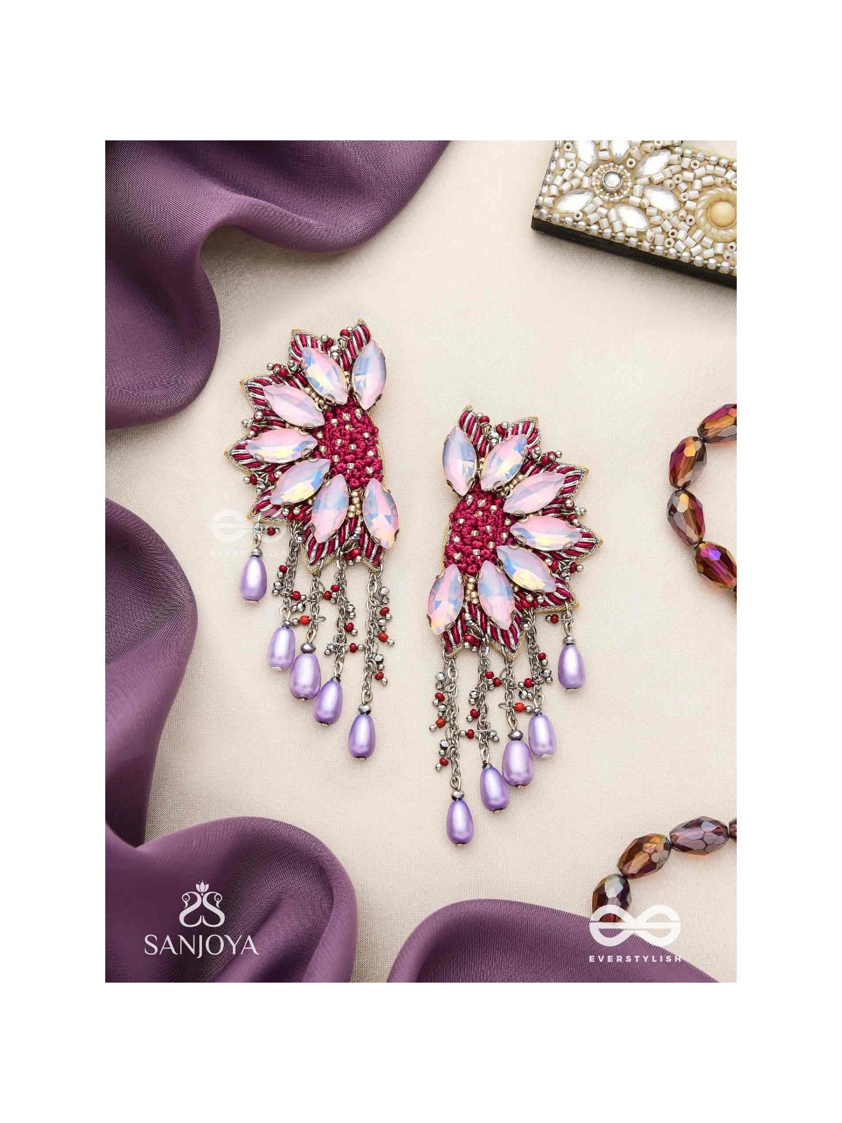 Ardhikrit- The Rosewood Halves- Stones, Resham And Glass Drops Hand Embroidered Earrings