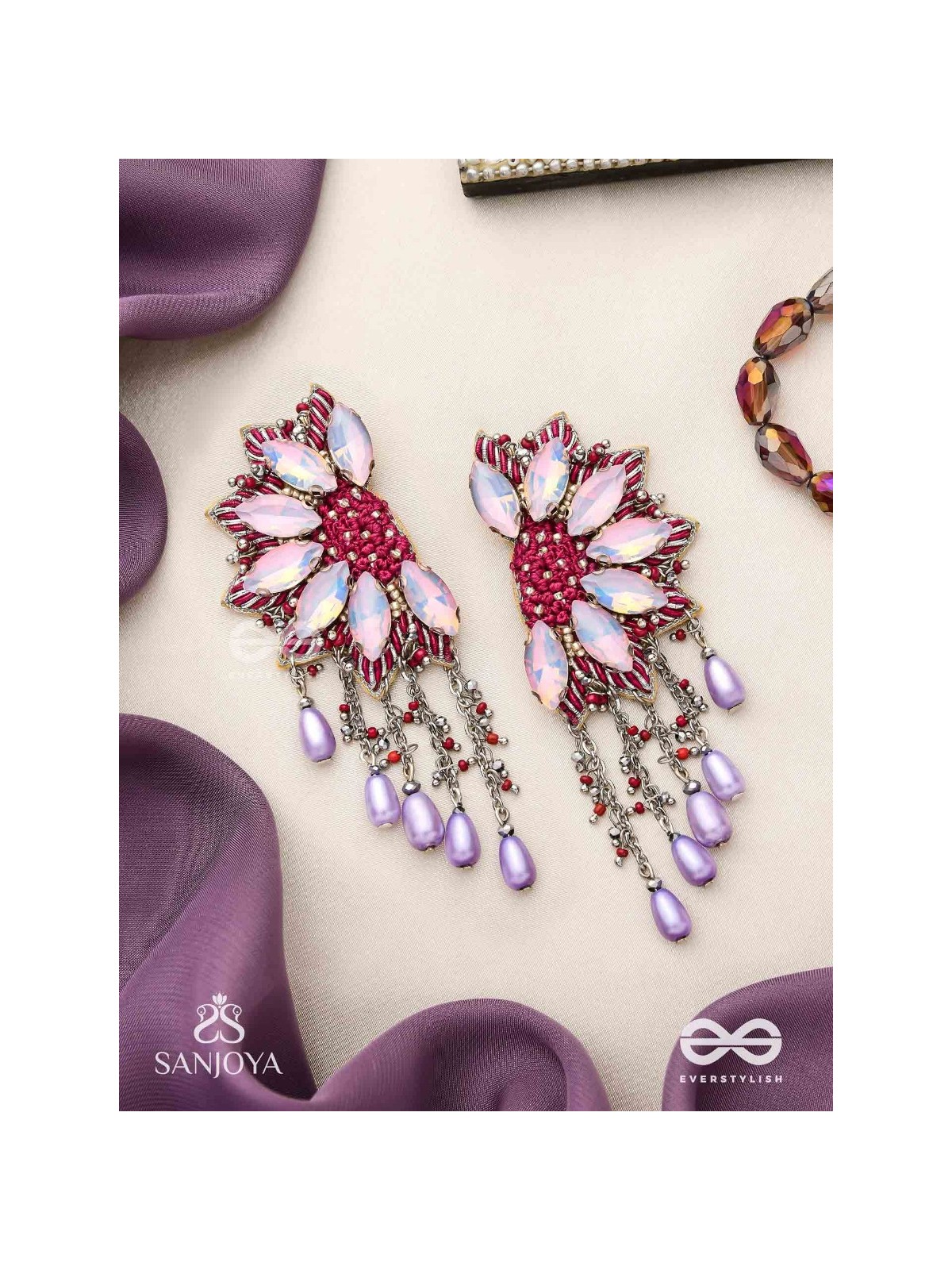 Ardhikrit- The Rosewood Halves- Stones, Resham And Glass Drops Hand Embroidered Earrings
