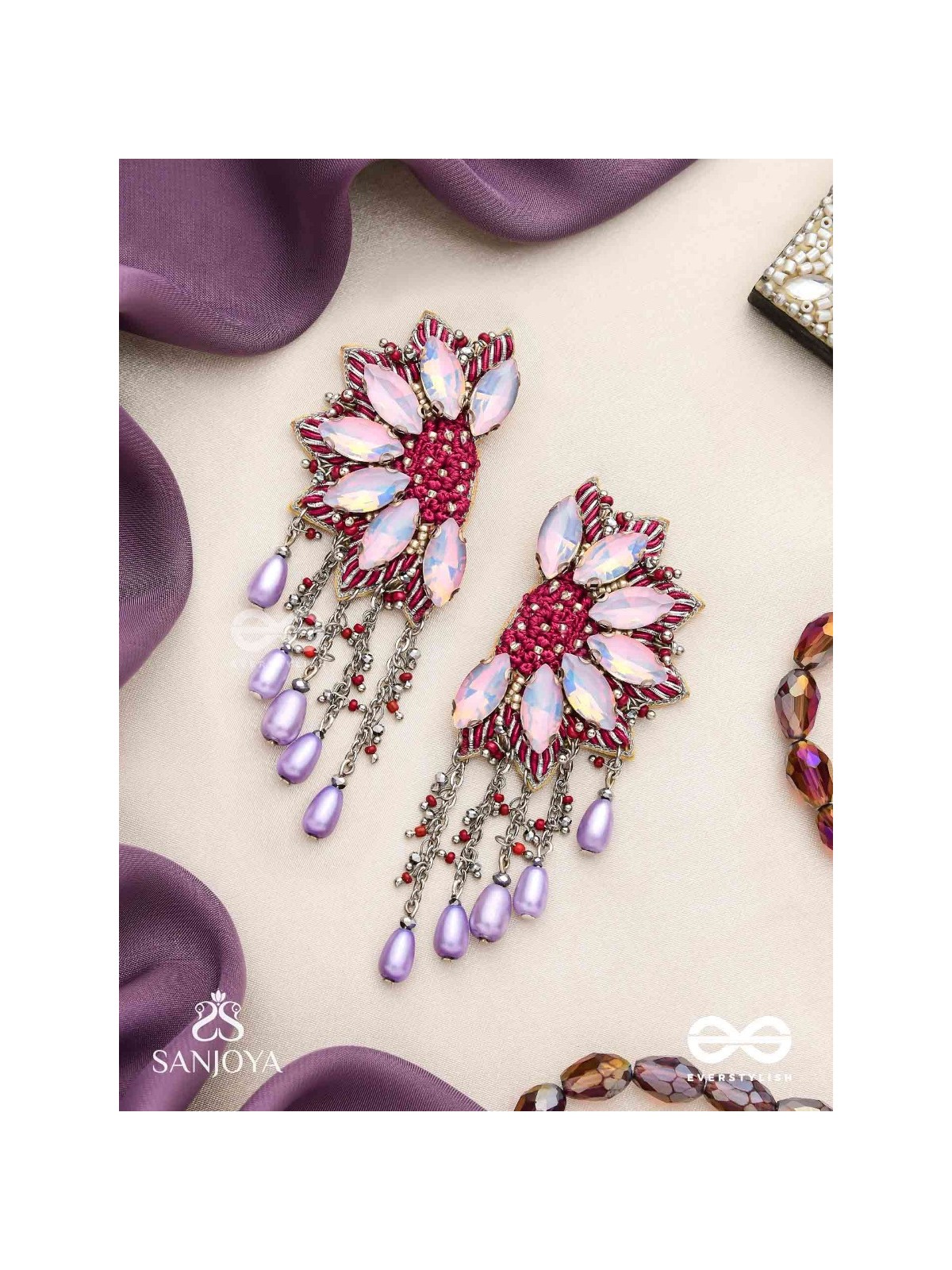 Ardhikrit- The Rosewood Halves- Stones, Resham And Glass Drops Hand Embroidered Earrings