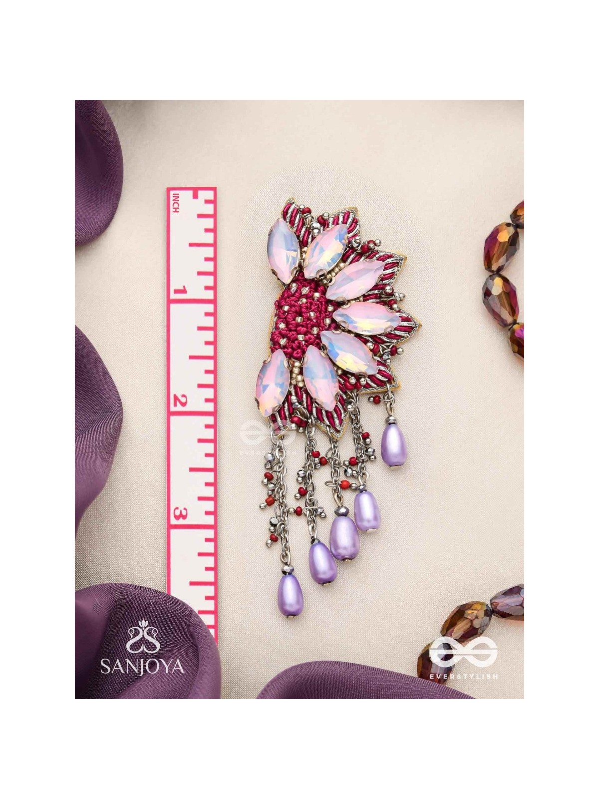 Ardhikrit- The Rosewood Halves- Stones, Resham And Glass Drops Hand Embroidered Earrings