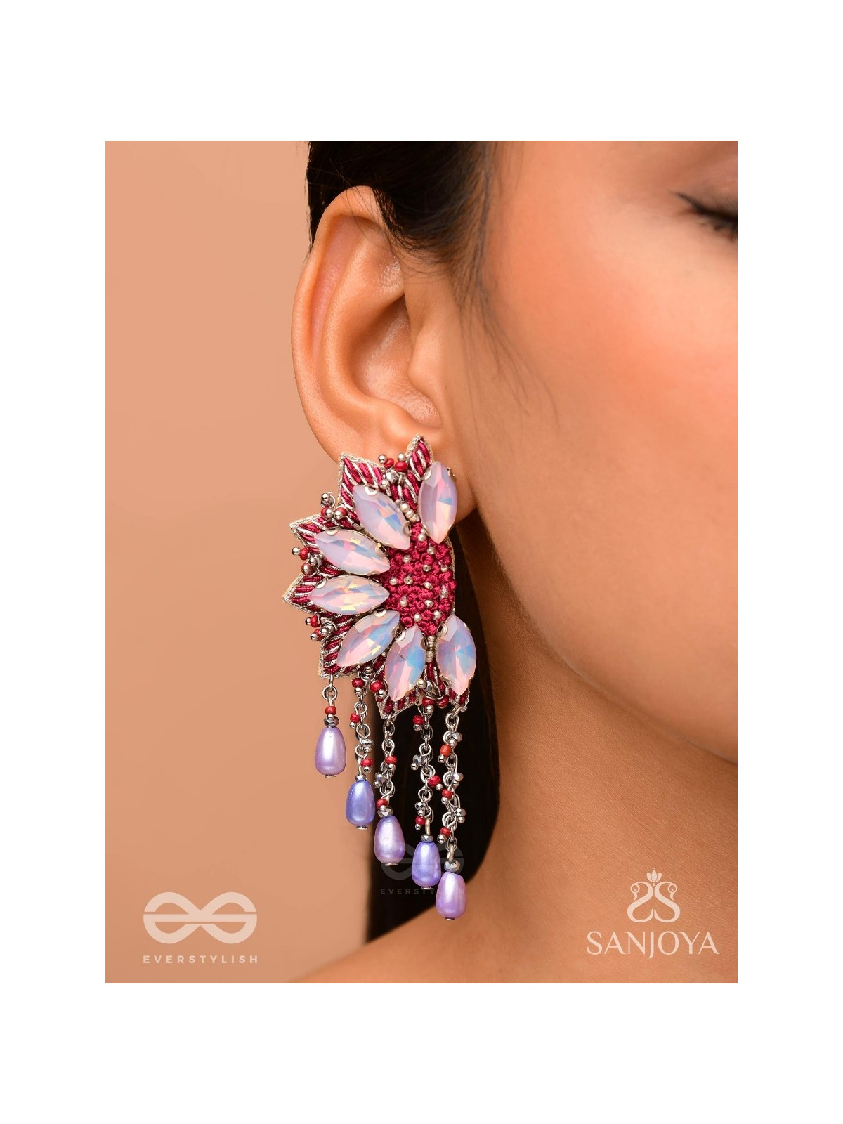 Ardhikrit- The Rosewood Halves- Stones, Resham And Glass Drops Hand Embroidered Earrings