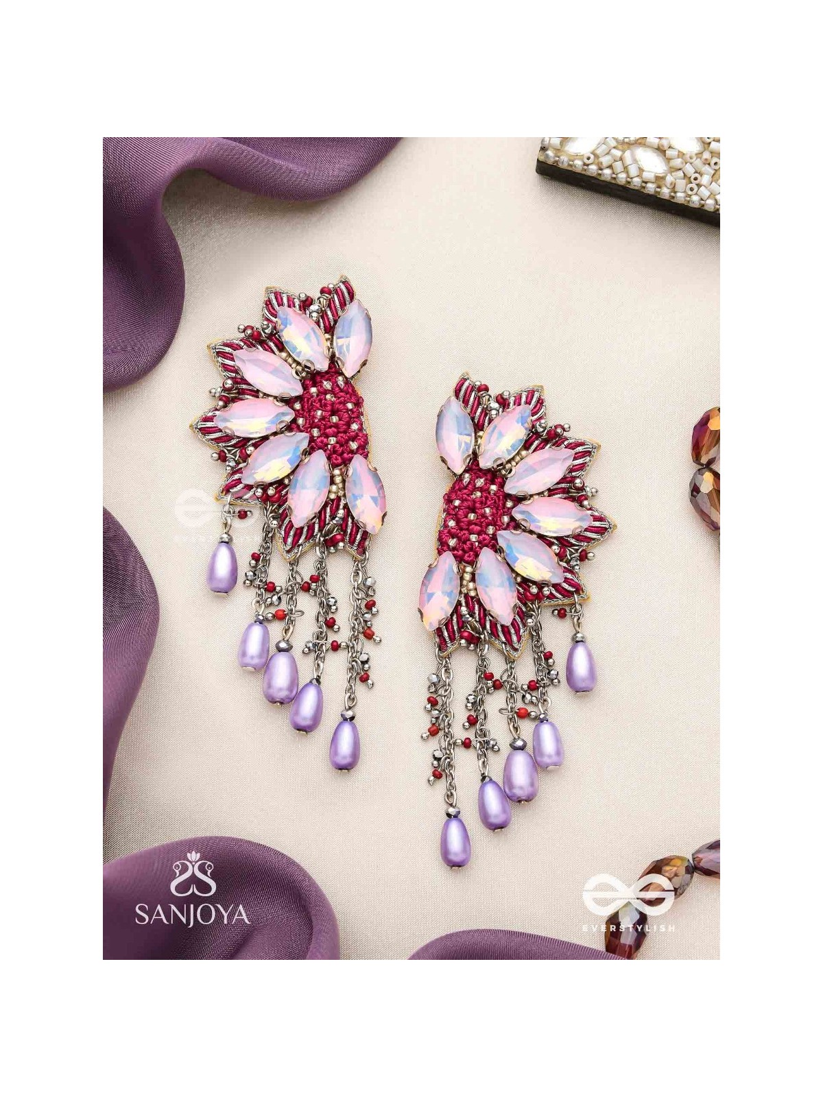 Ardhikrit- The Rosewood Halves- Stones, Resham And Glass Drops Hand Embroidered Earrings