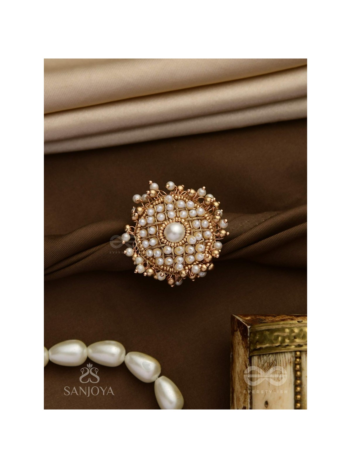 Atimukta- The Pearly Proposal- Pearl And Beads Hand Embroidered Golden Ring (Adjustable)