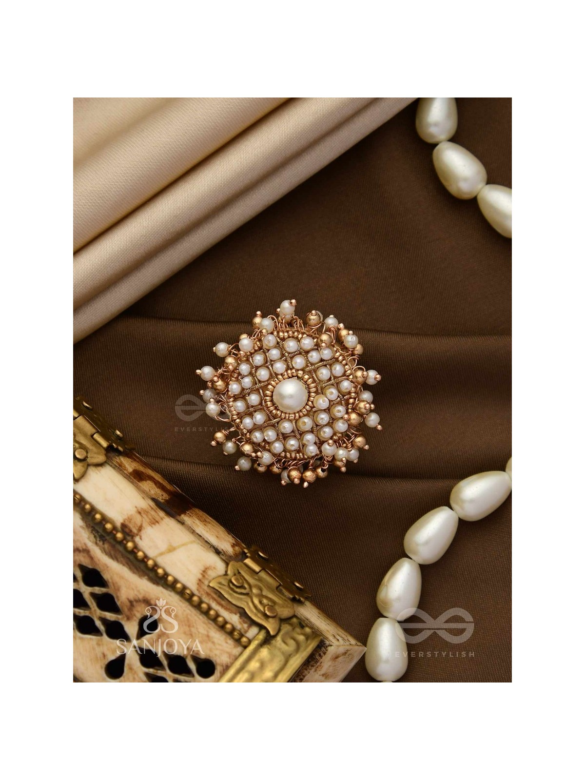 Atimukta- The Pearly Proposal- Pearl And Beads Hand Embroidered Golden Ring (Adjustable)
